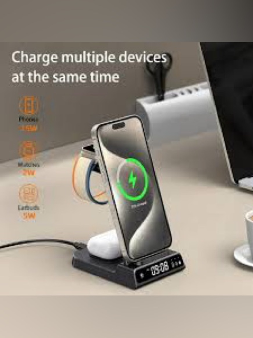 3 in 1 Wireless Fast Charging Station for Multiple Devices w/Digital Clock - New - Picture 4 of 9